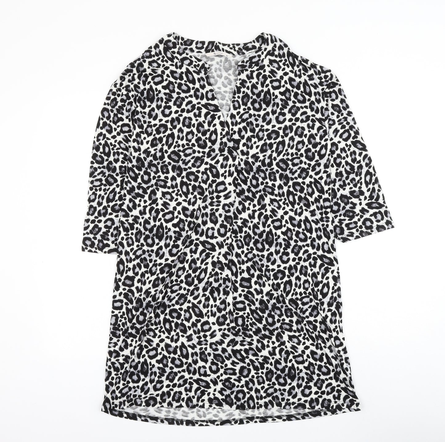 TU Womens White Animal Print Viscose Shift Size 10 V-Neck Pullover - Leopard Print