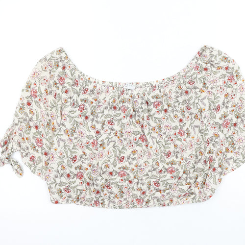 Matalan Womens Ivory Floral Viscose Cropped Blouse Size 14 Boat Neck