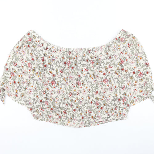 Matalan Womens Ivory Floral Viscose Cropped Blouse Size 14 Boat Neck