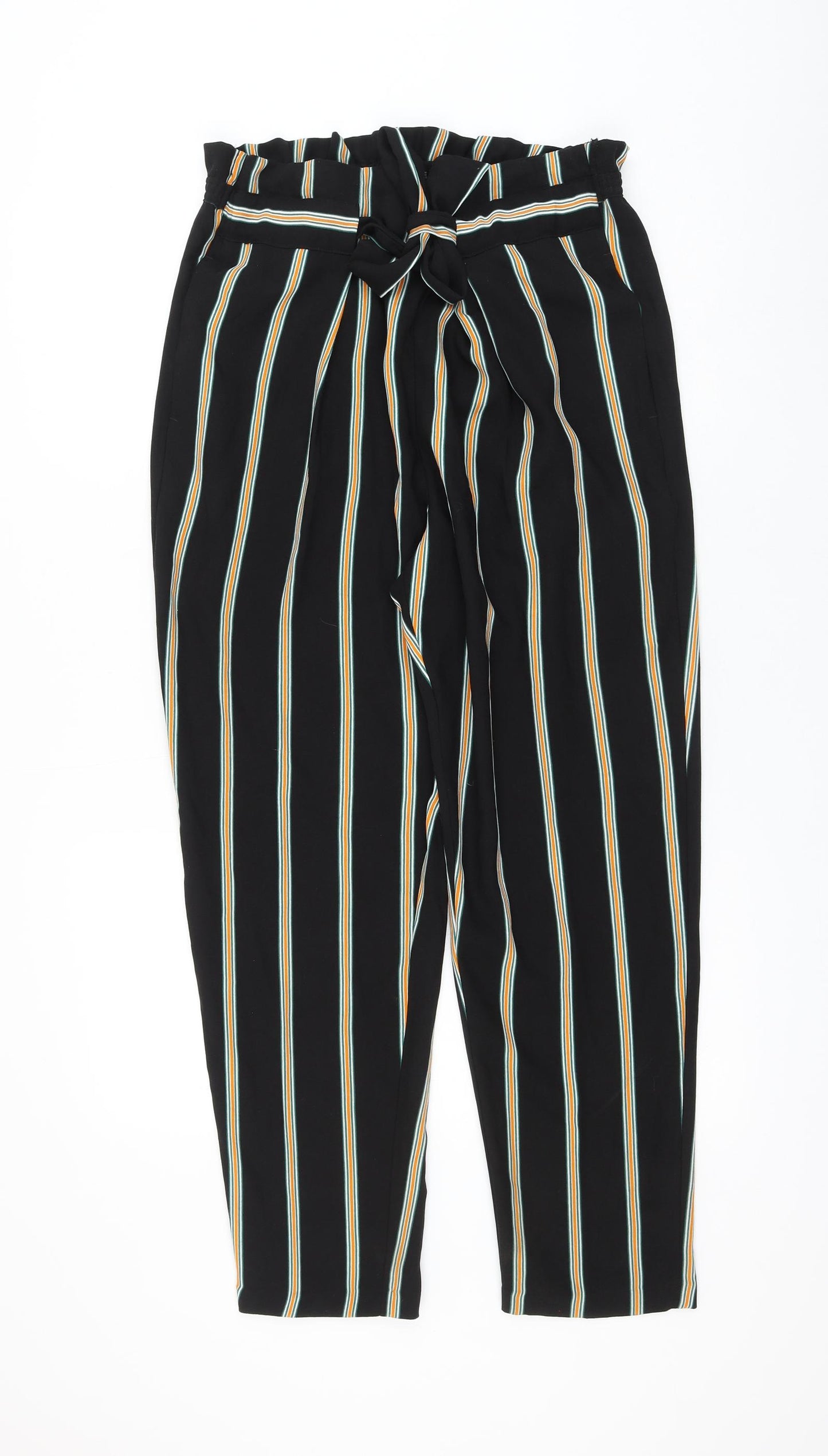 F&F Womens Black Striped Polyester Trousers Size 14 L27 in Regular Drawstring
