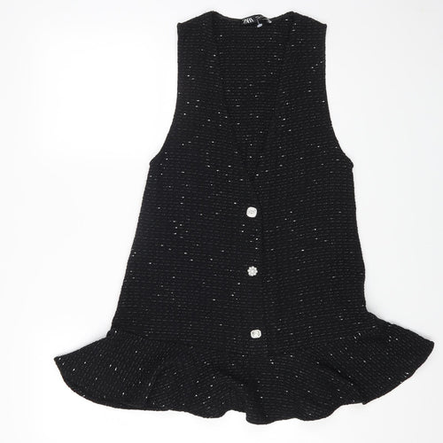 Zara Womens Black Cotton Pinafore/Dungaree Dress Size S V-Neck Button
