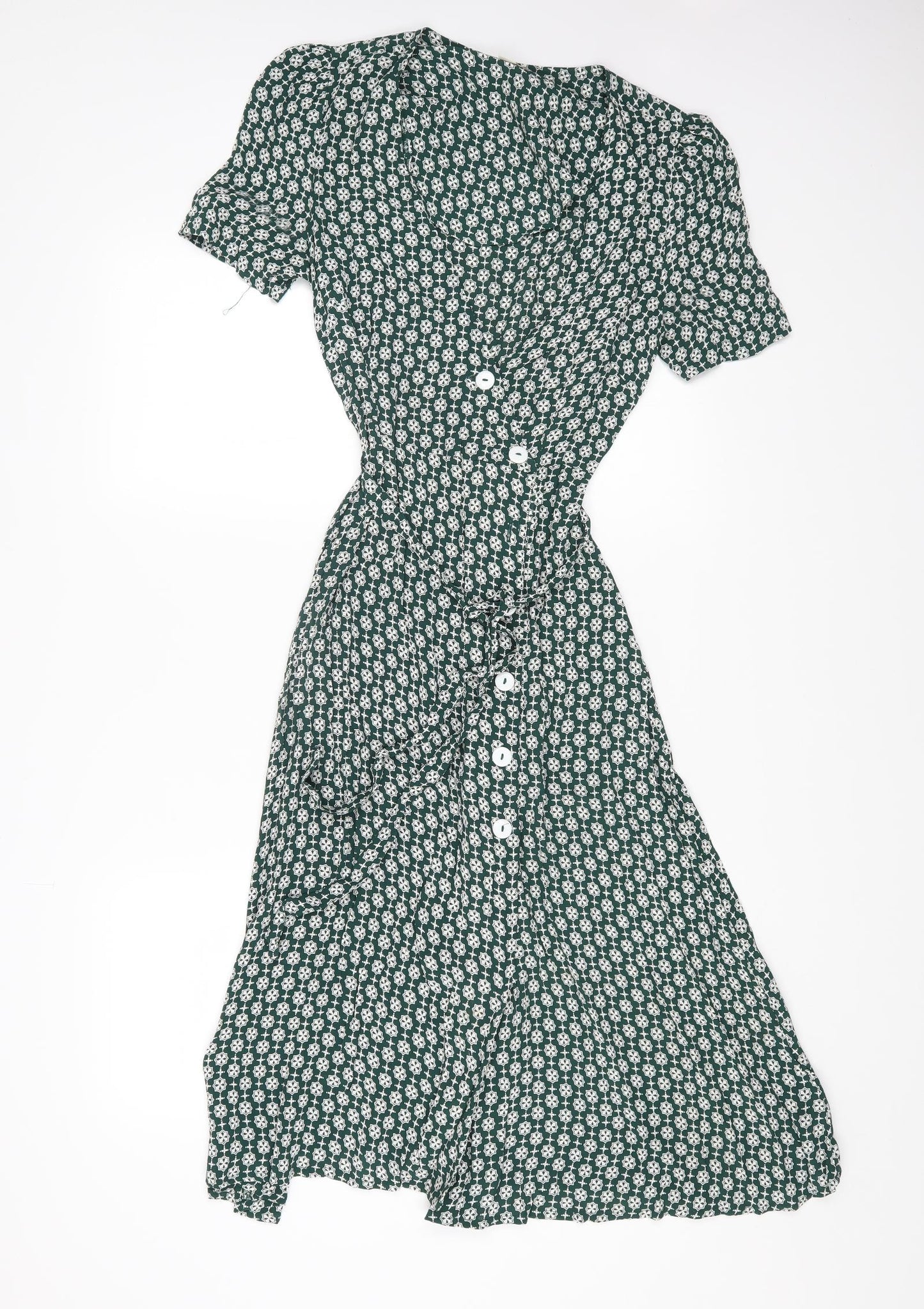 Monsoon Womens Green Geometric Viscose A-Line Size 8 V-Neck Button