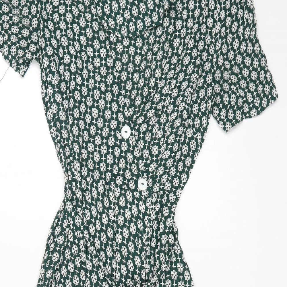 Monsoon Womens Green Geometric Viscose A-Line Size 8 V-Neck Button