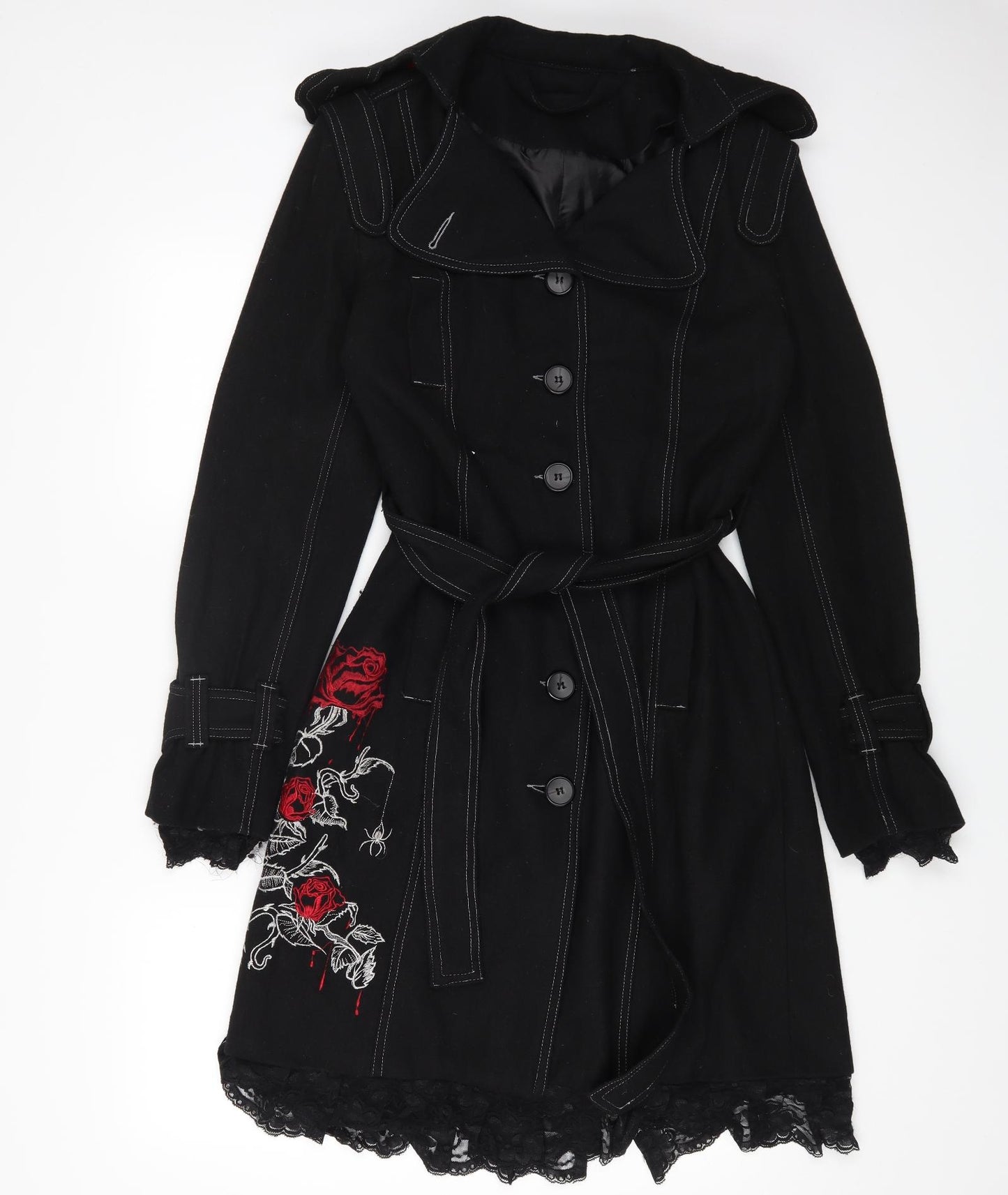Preworn Womens Black Floral Trench Coat Coat Size M Button