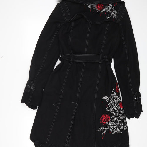 Preworn Womens Black Floral Trench Coat Coat Size M Button