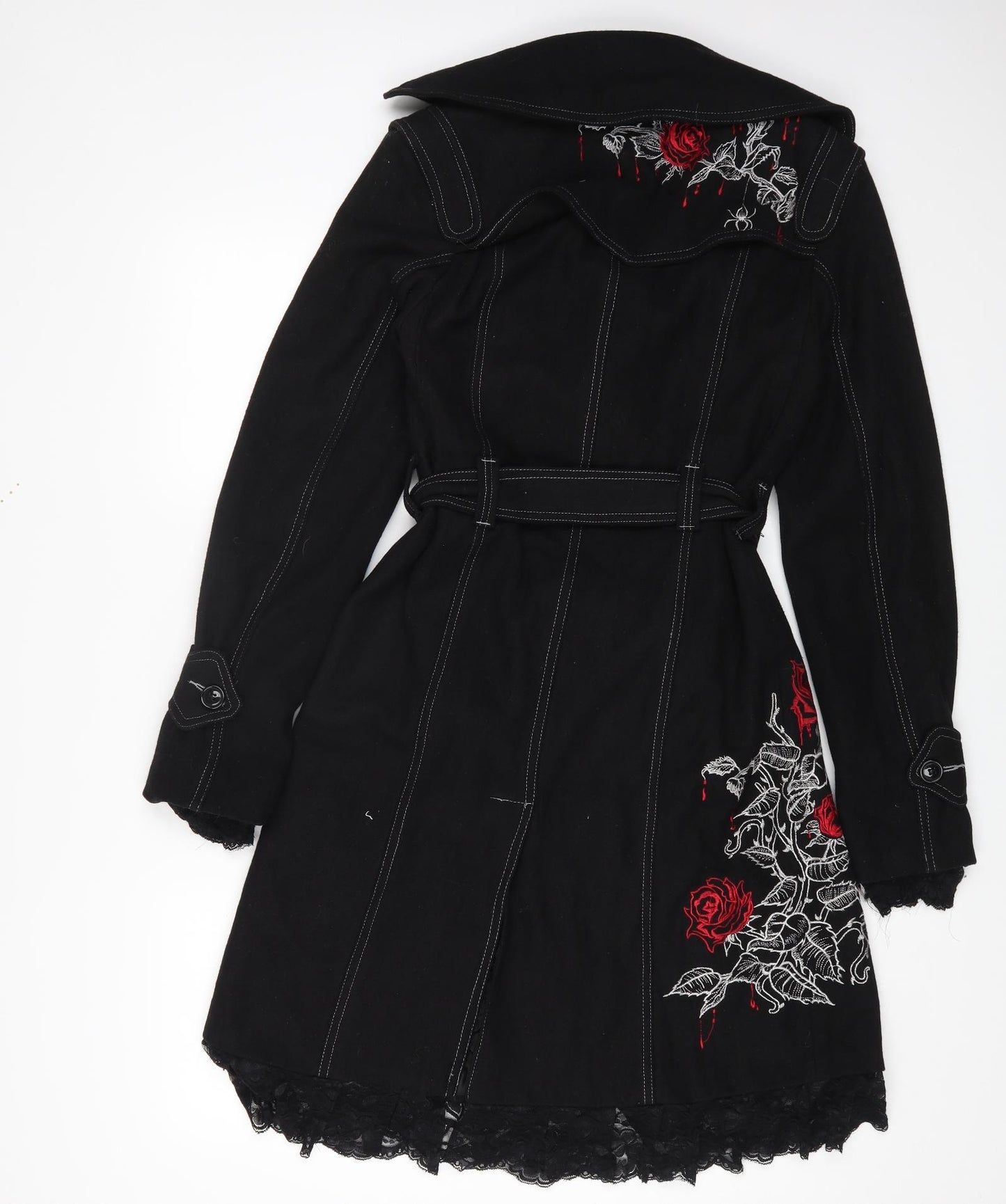 Preworn Womens Black Floral Trench Coat Coat Size M Button