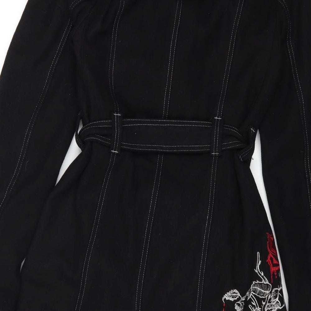 Preworn Womens Black Floral Trench Coat Coat Size M Button