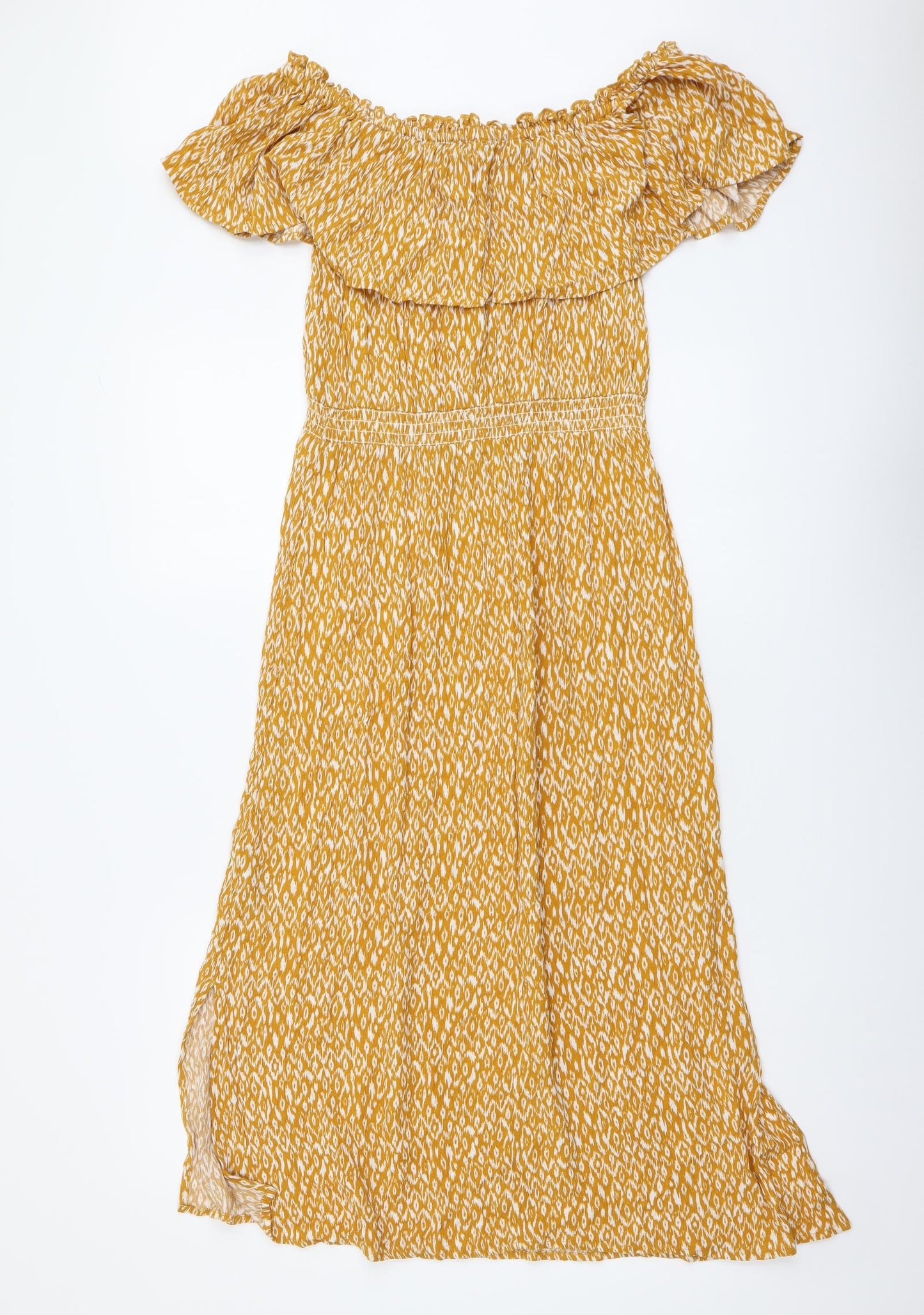 Nutmeg Womens Yellow Floral Viscose A-Line Size 8 Off the Shoulder Pullover