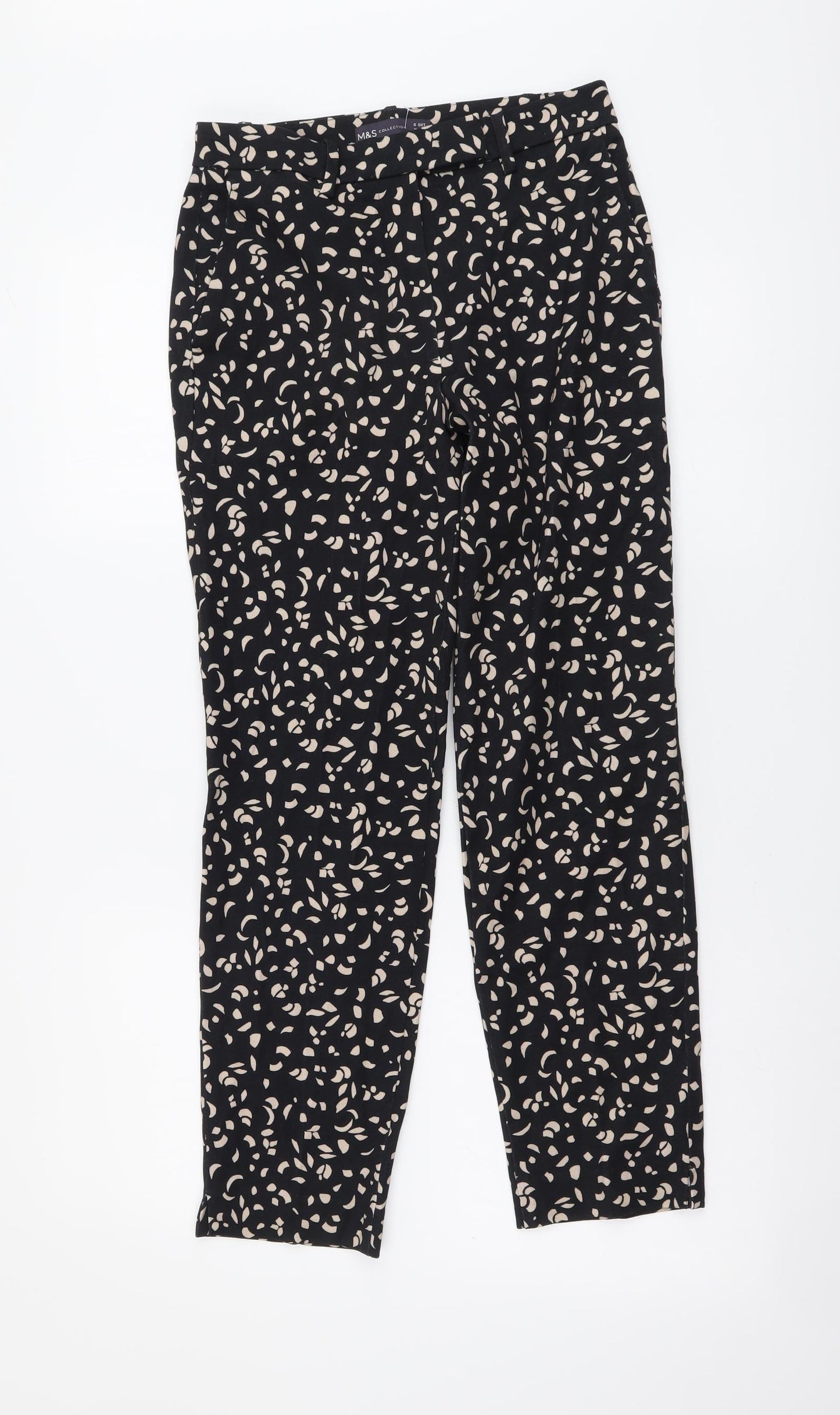 Marks and Spencer Womens Black Geometric Viscose Chino Trousers Size 6 L26 in Regular Button