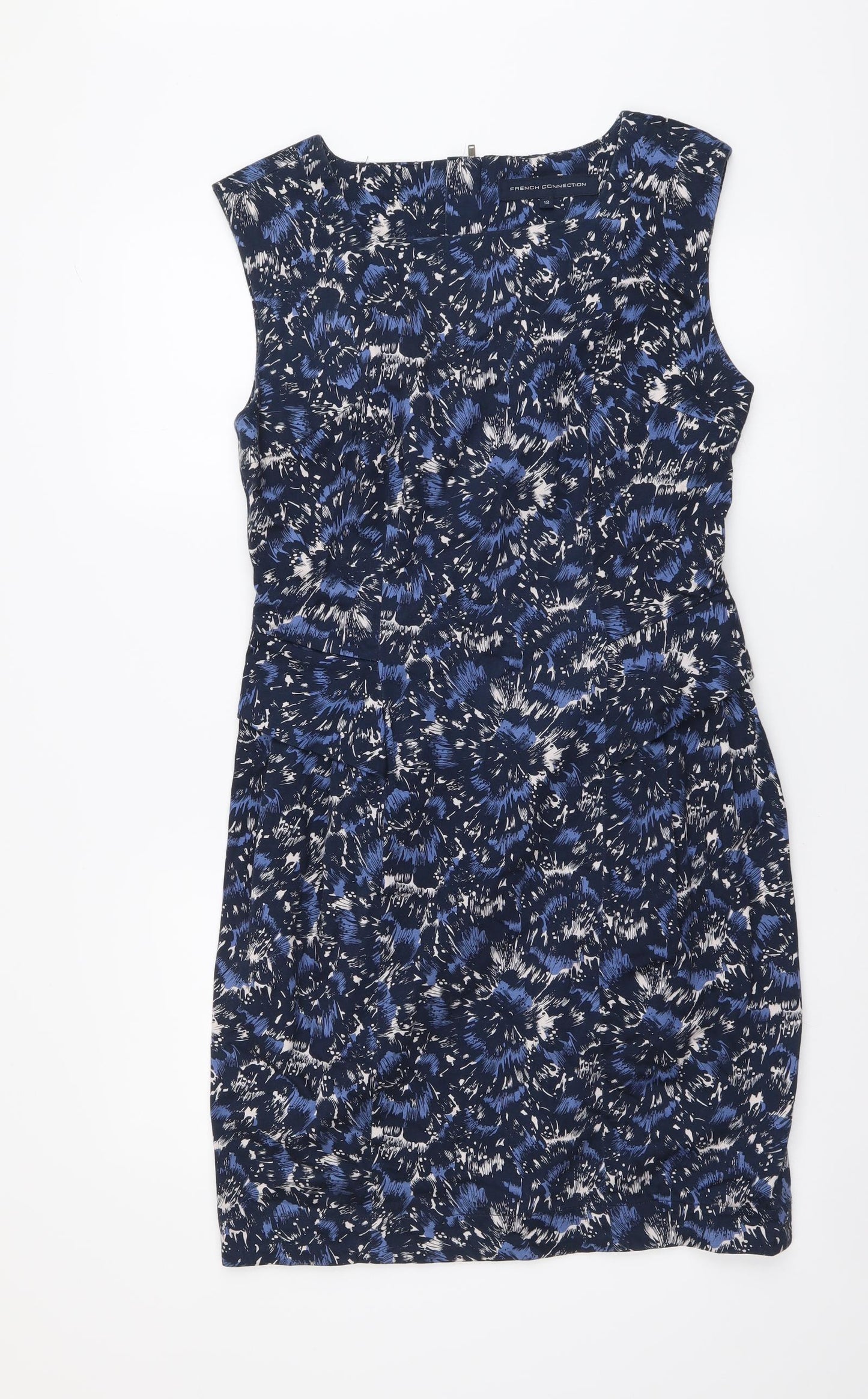 French Connection Womens Blue Floral Cotton A-Line Size 12 Round Neck Zip