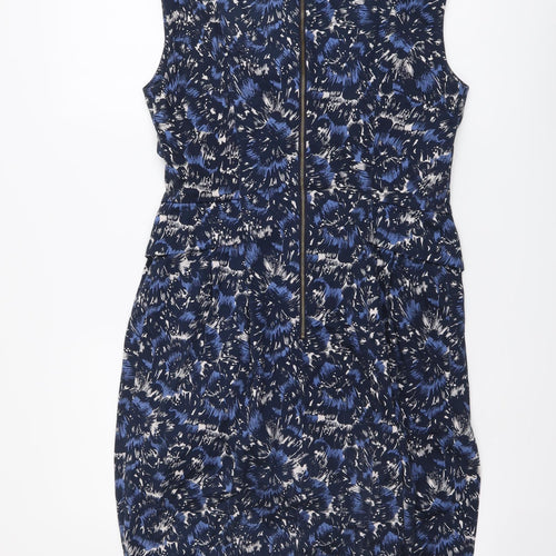 French Connection Womens Blue Floral Cotton A-Line Size 12 Round Neck Zip