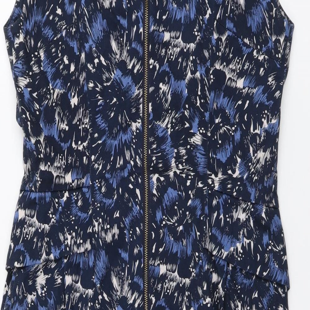 French Connection Womens Blue Floral Cotton A-Line Size 12 Round Neck Zip