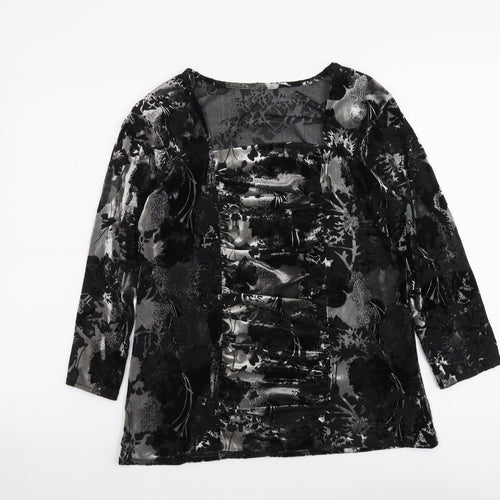 Preworn Womens Black Floral Polyester Basic T-Shirt Size 14 Square Neck