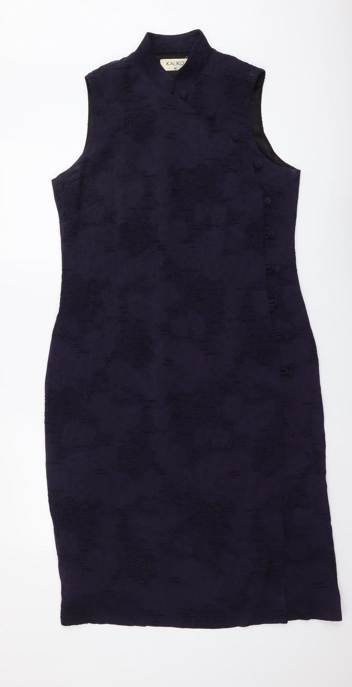 Kaliko Womens Purple Floral Polyester A-Line Size 14 Mock Neck Button