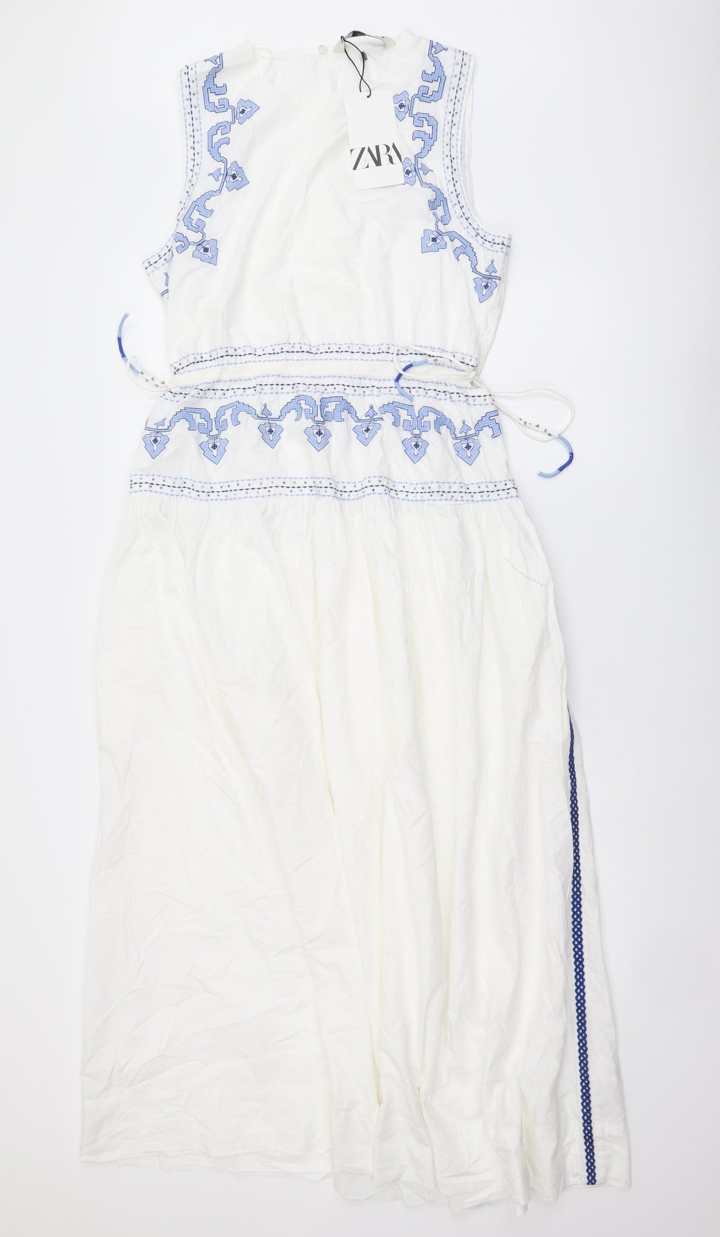 Zara Womens White Geometric Polyester A-Line Size S Round Neck Pullover