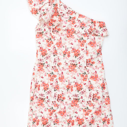Warehouse Womens Multicoloured Floral Cotton Mini Size 12 One Shoulder Zip