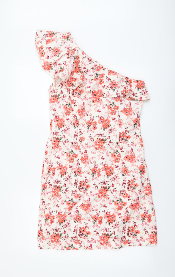 Warehouse Womens Multicoloured Floral Cotton Mini Size 12 One Shoulder Zip