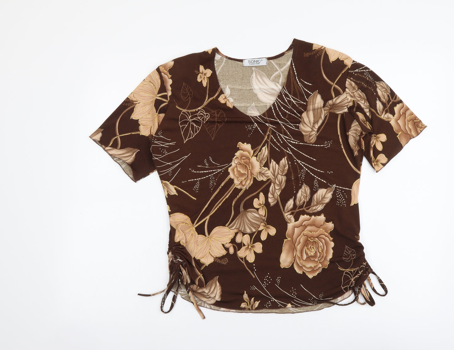 Sonic Womens Brown Floral Polyester Basic T-Shirt Size S V-Neck