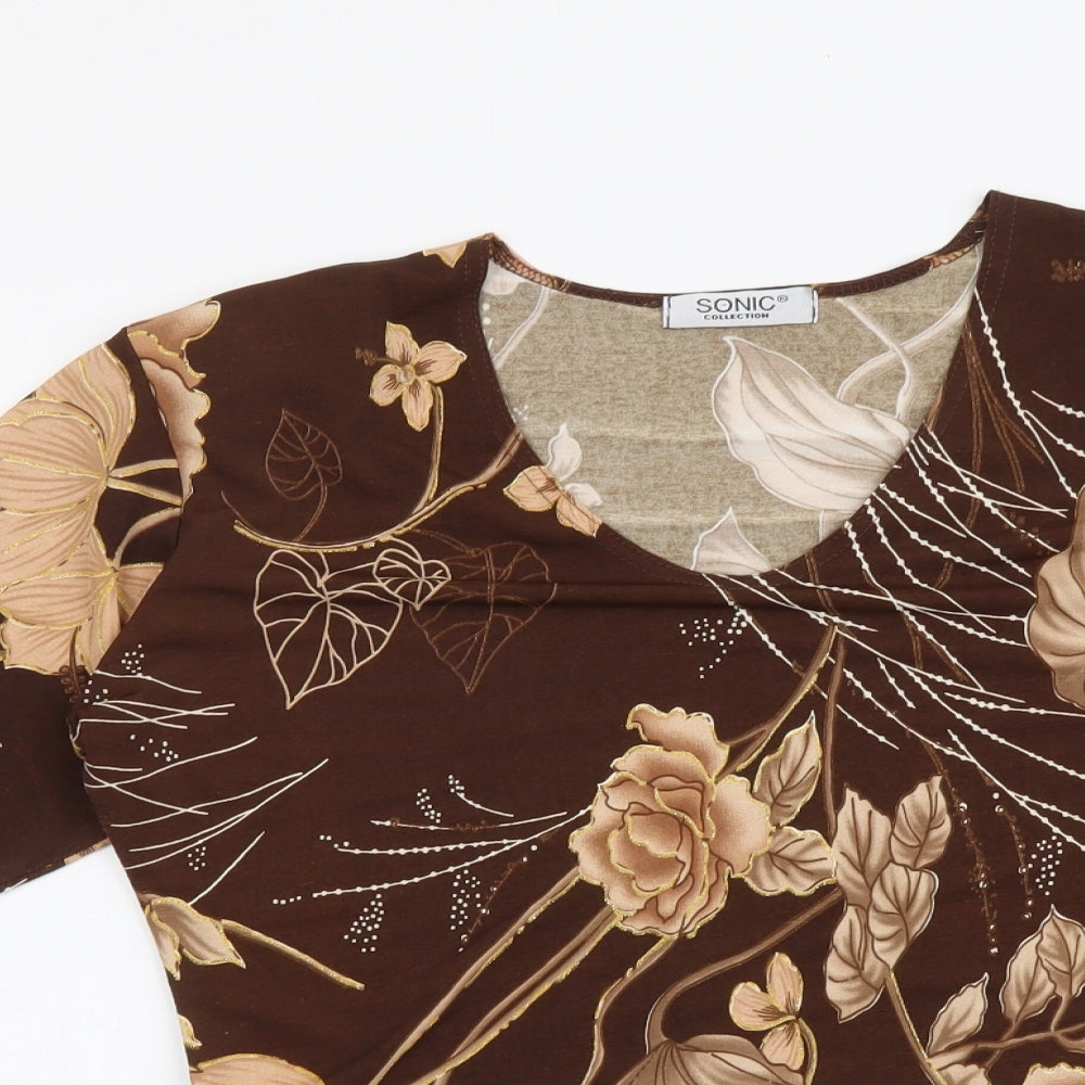 Sonic Womens Brown Floral Polyester Basic T-Shirt Size S V-Neck
