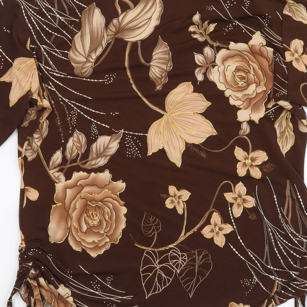 Sonic Womens Brown Floral Polyester Basic T-Shirt Size S V-Neck
