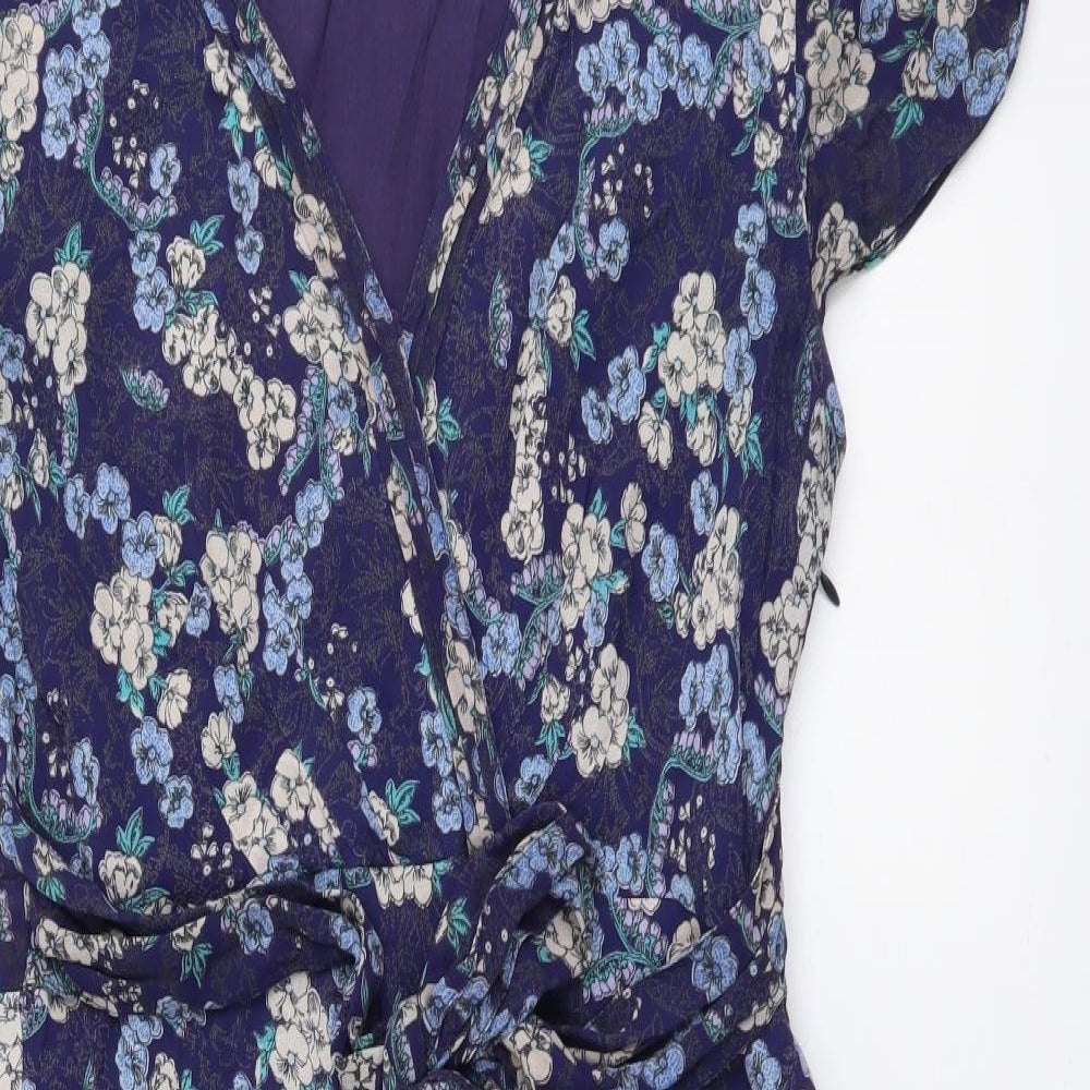 Monsoon Womens Blue Floral Polyester A-Line Size 14 V-Neck Pullover