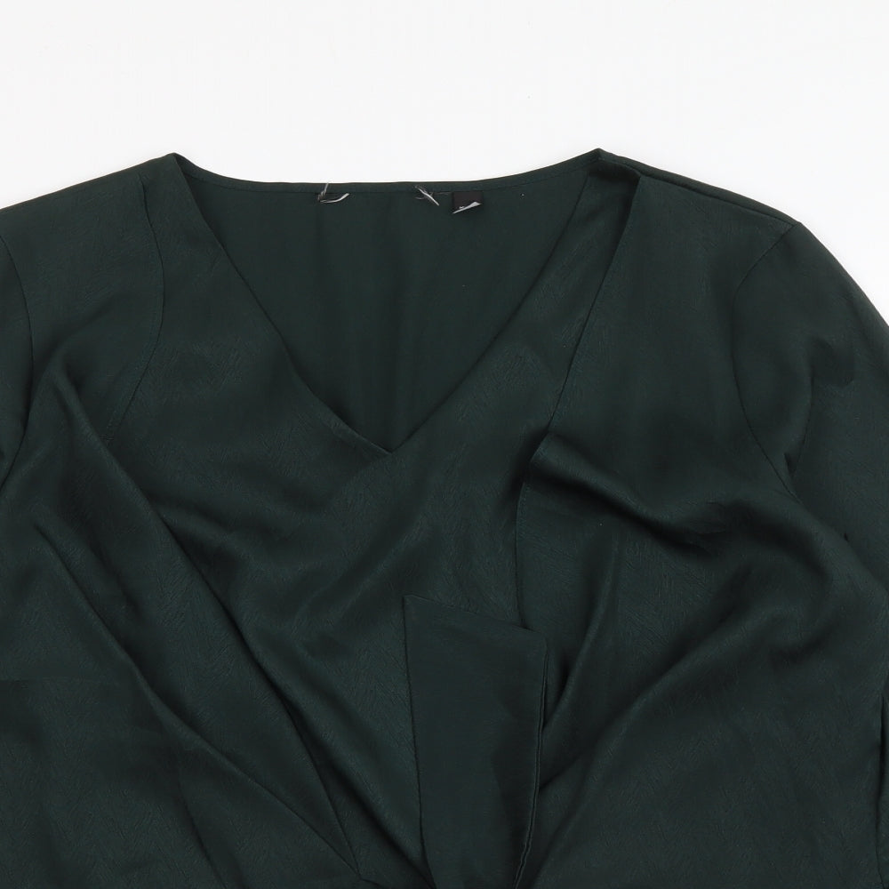 Preworn Womens Green Polyester Basic Blouse Size 12 V-Neck - Knot Front