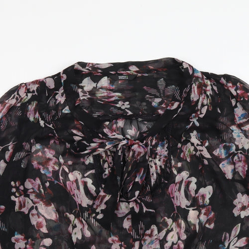 Marks and Spencer Womens Black Floral Polyester Basic Blouse Size 14 Round Neck