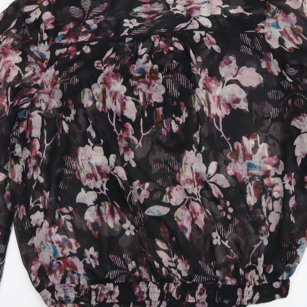Marks and Spencer Womens Black Floral Polyester Basic Blouse Size 14 Round Neck