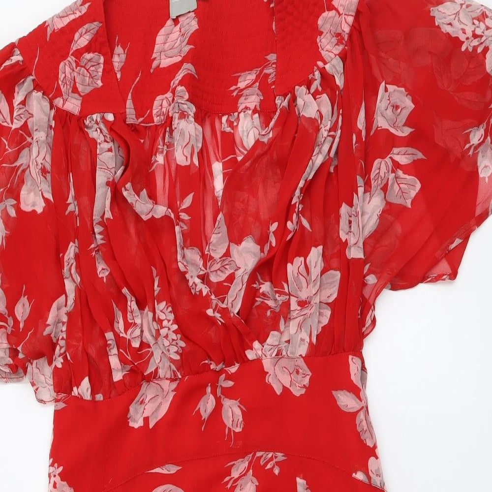 ASOS Womens Red Floral Polyester A-Line Size 14 V-Neck Pullover