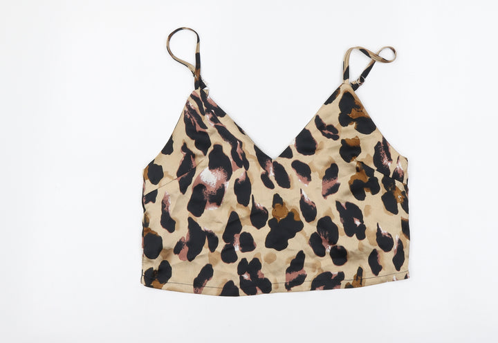 Zaful Womens Beige Animal Print Polyester Cropped Tank Size S V-Neck - Leopard Pattern