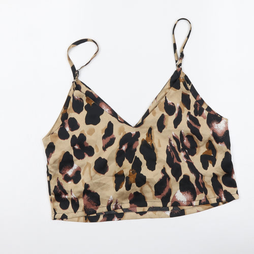 Zaful Womens Beige Animal Print Polyester Cropped Tank Size S V-Neck - Leopard Pattern