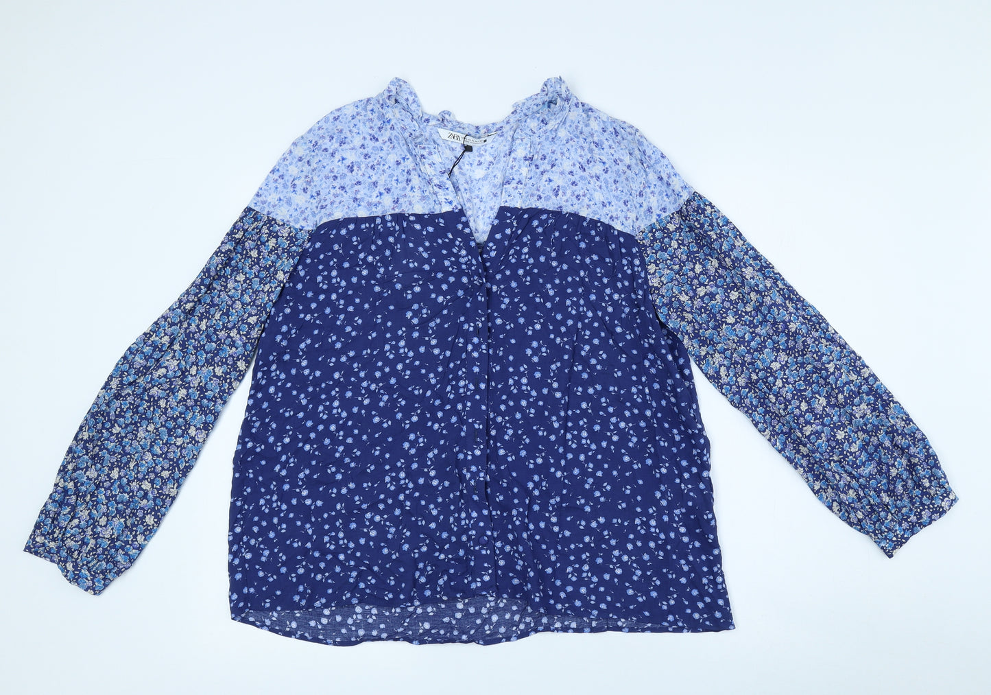 Zara Womens Blue Floral Viscose Basic Blouse Size XL V-Neck