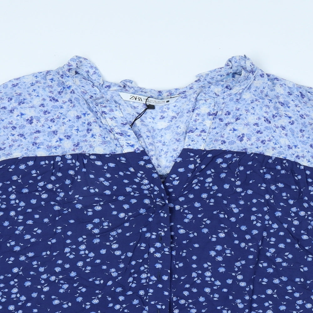 Zara Womens Blue Floral Viscose Basic Blouse Size XL V-Neck
