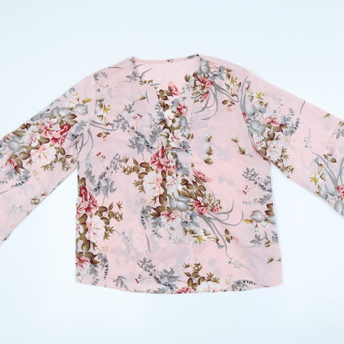 SheIn Womens Pink Floral Polyester Basic Blouse Size S V-Neck - Flared Sleeves