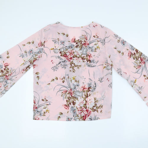 SheIn Womens Pink Floral Polyester Basic Blouse Size S V-Neck - Flared Sleeves