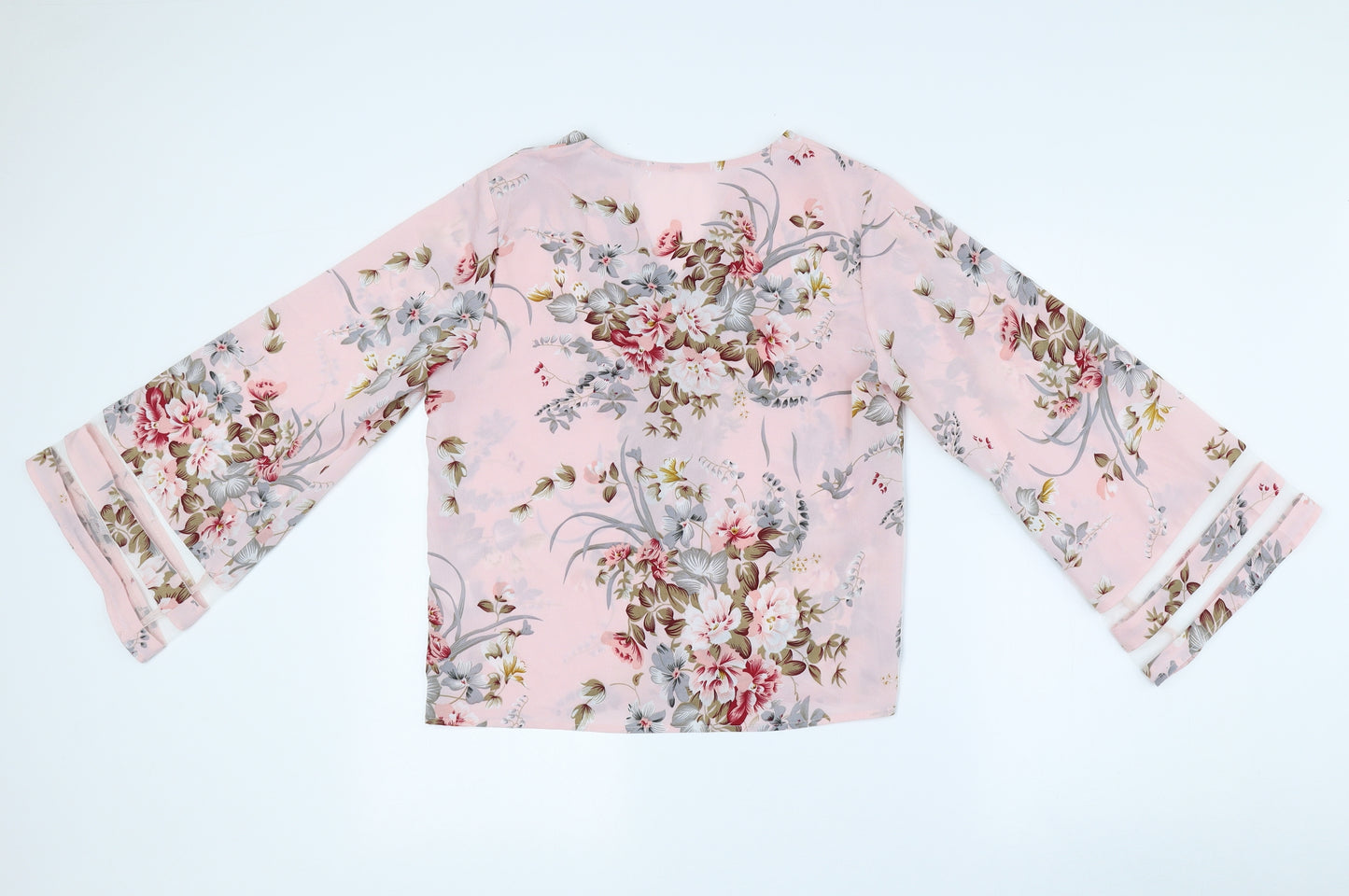 SheIn Womens Pink Floral Polyester Basic Blouse Size S V-Neck - Flared Sleeves
