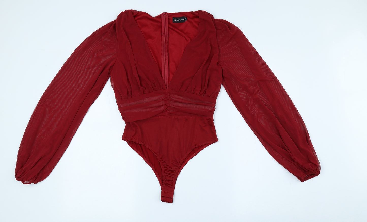 PRETTYLITTLETHING Womens Red Polyester Bodysuit One-Piece Size 8 Snap - See Through Sleeves