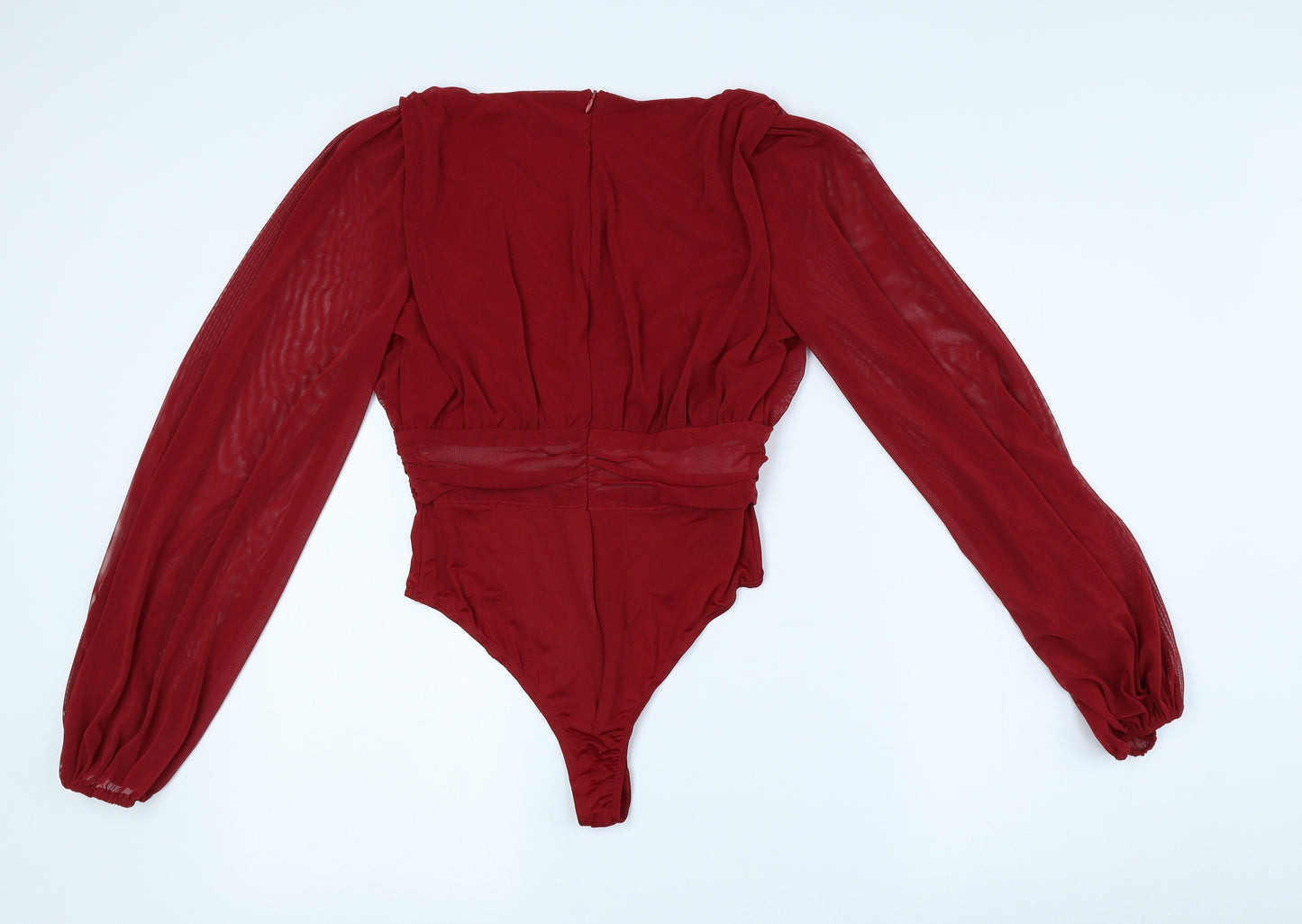 PRETTYLITTLETHING Womens Red Polyester Bodysuit One-Piece Size 8 Snap - See Through Sleeves