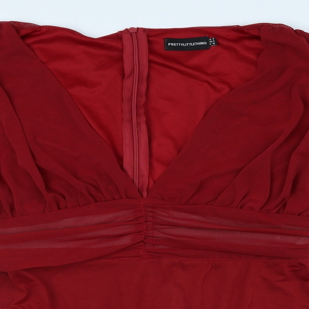 PRETTYLITTLETHING Womens Red Polyester Bodysuit One-Piece Size 8 Snap - See Through Sleeves
