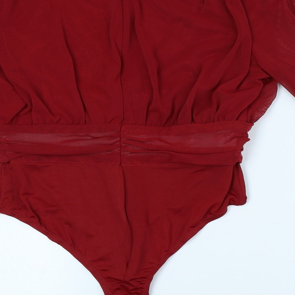 PRETTYLITTLETHING Womens Red Polyester Bodysuit One-Piece Size 8 Snap - See Through Sleeves