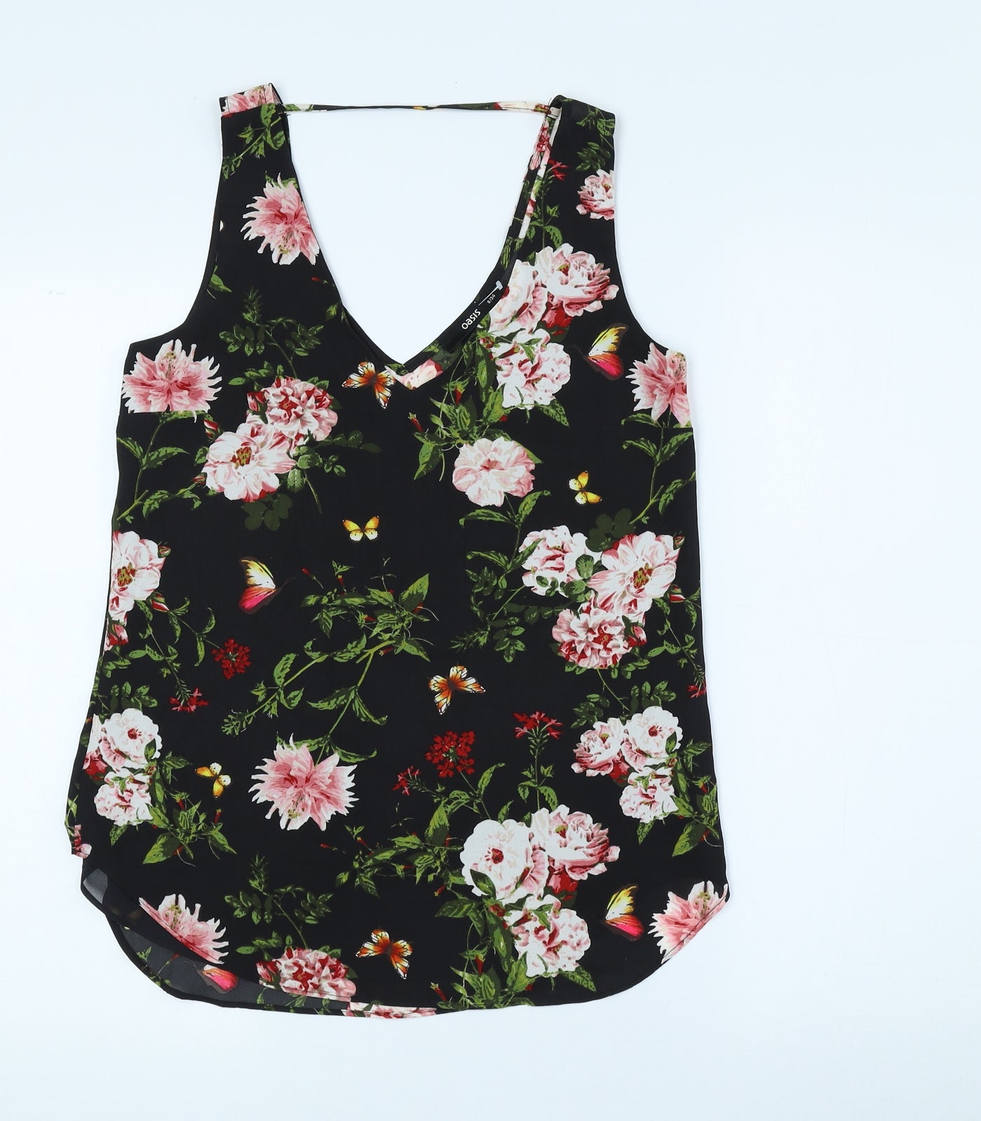 Oasis Womens Black Floral Polyester Basic Tank Size 8 V-Neck