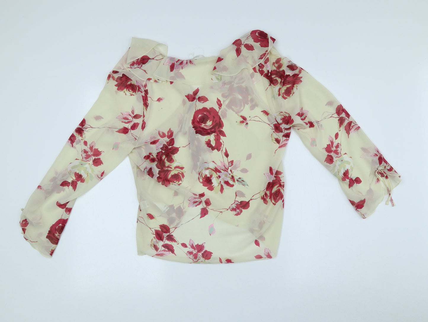 Marks and Spencer Womens White Floral Polyester Basic Blouse Size 12 Collared - Ruffled collar
