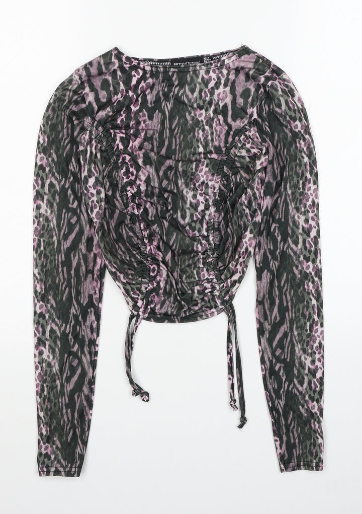 PRETTYLITTLETHING Womens Multicoloured Animal Print Polyester Cropped Blouse Size 4 Boat Neck - Leopard Print