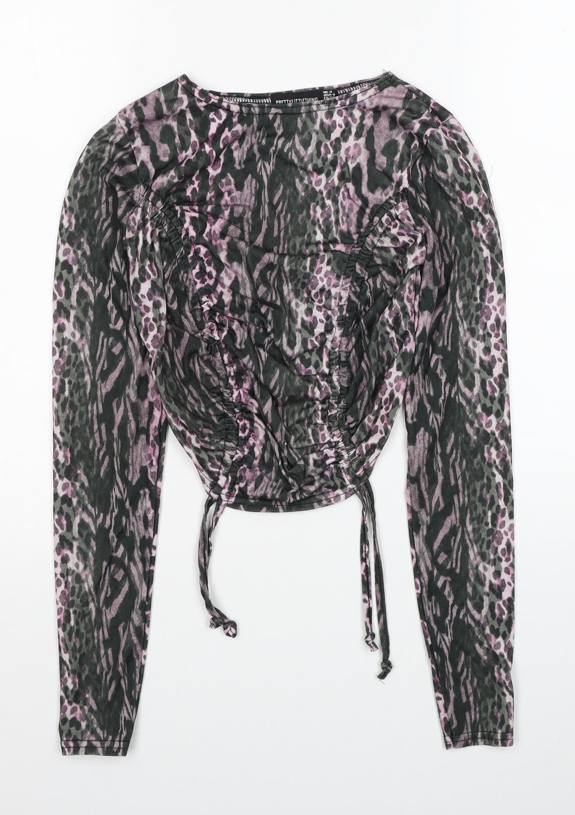 PRETTYLITTLETHING Womens Multicoloured Animal Print Polyester Cropped Blouse Size 4 Boat Neck - Leopard Print