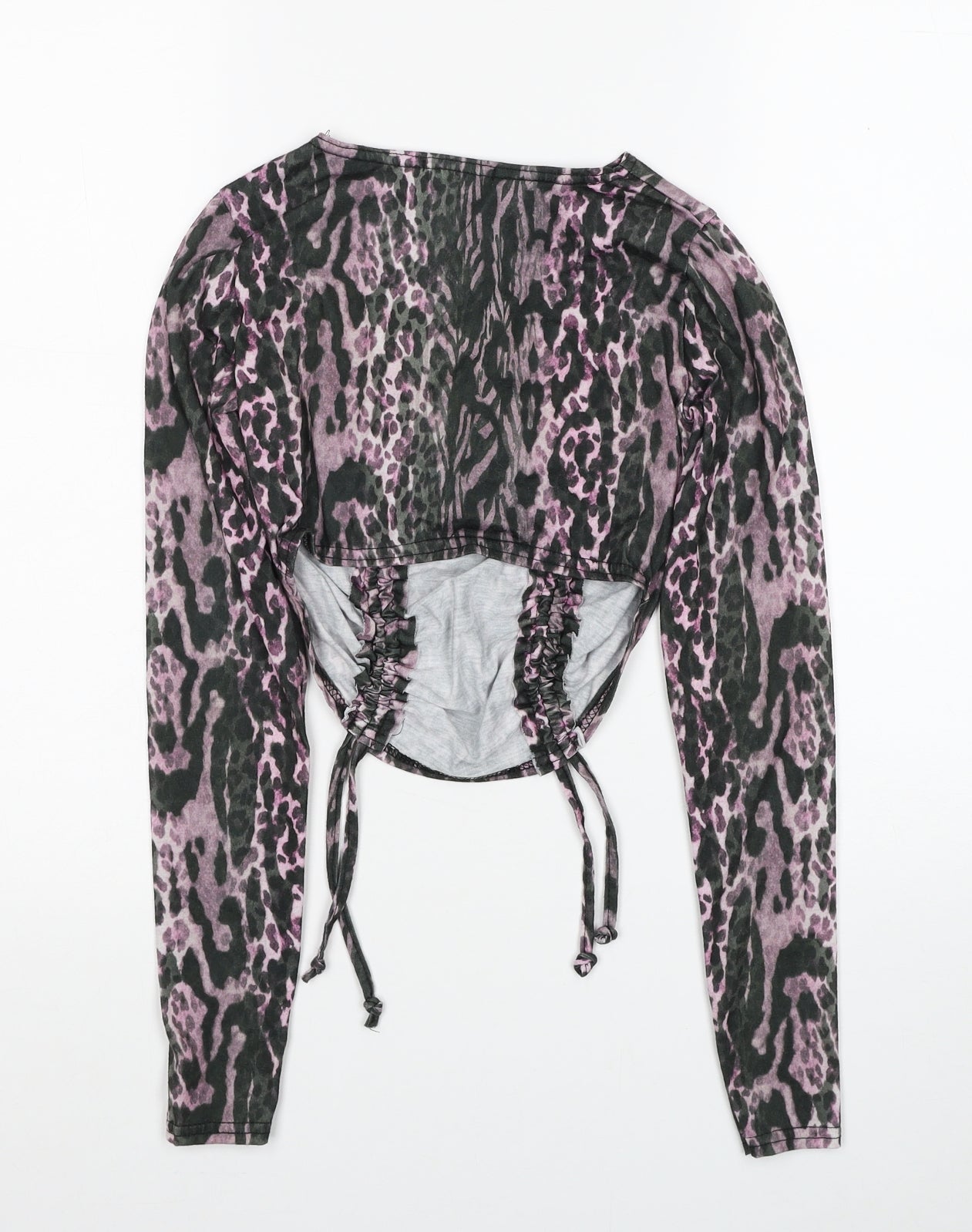 PRETTYLITTLETHING Womens Multicoloured Animal Print Polyester Cropped Blouse Size 4 Boat Neck - Leopard Print