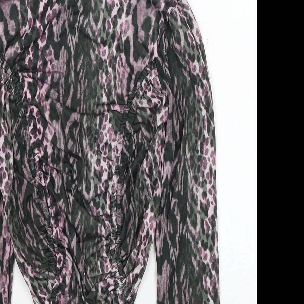 PRETTYLITTLETHING Womens Multicoloured Animal Print Polyester Cropped Blouse Size 4 Boat Neck - Leopard Print
