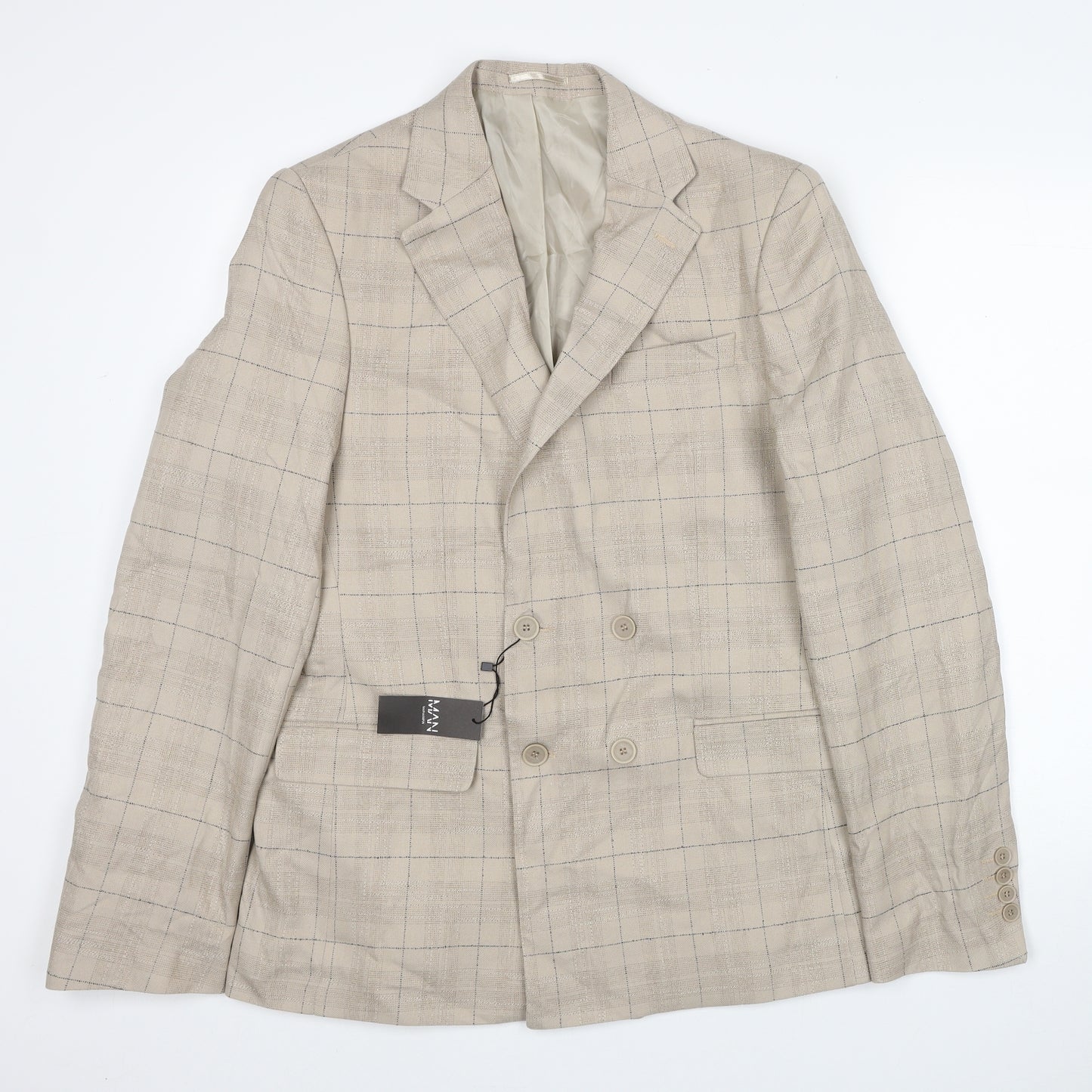 Boohoo Man Mens Beige Plaid Polyester Jacket Suit Jacket Size 40