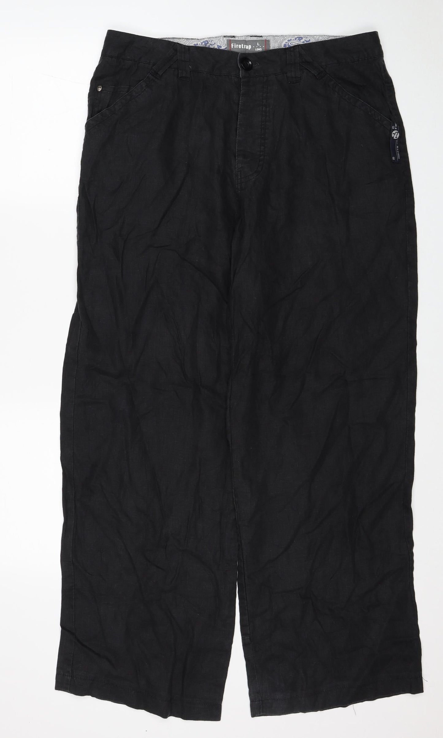 Firetrap Mens Black Linen Straight Jeans Size L L29 in Regular Button