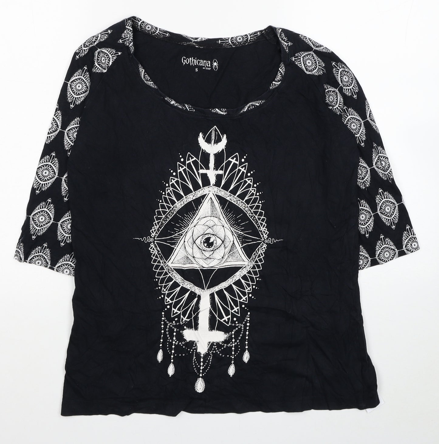 Goticana Womens Black Geometric Cotton Basic Blouse Size S Scoop Neck - Triangle Eye Cross