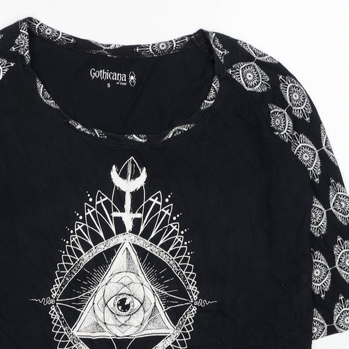 Goticana Womens Black Geometric Cotton Basic Blouse Size S Scoop Neck - Triangle Eye Cross